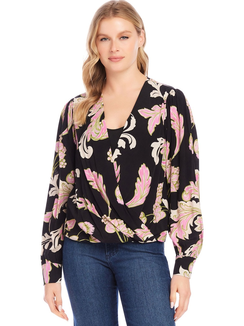 Karen Kane Black Floral Drape Front Blouse Top